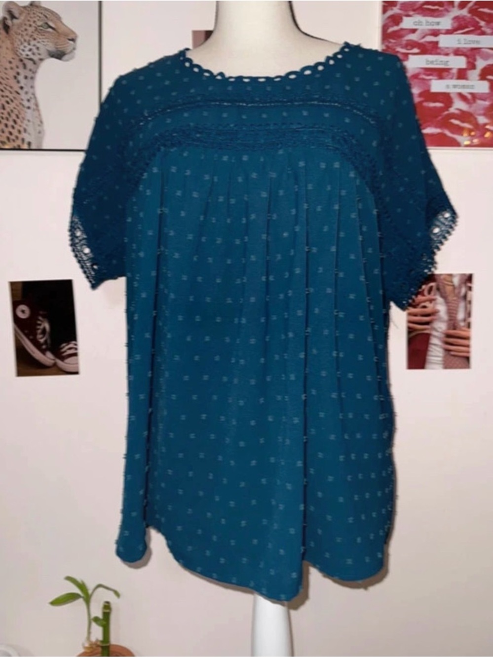 Poetsky Navy Crochet Trim Peasant Top